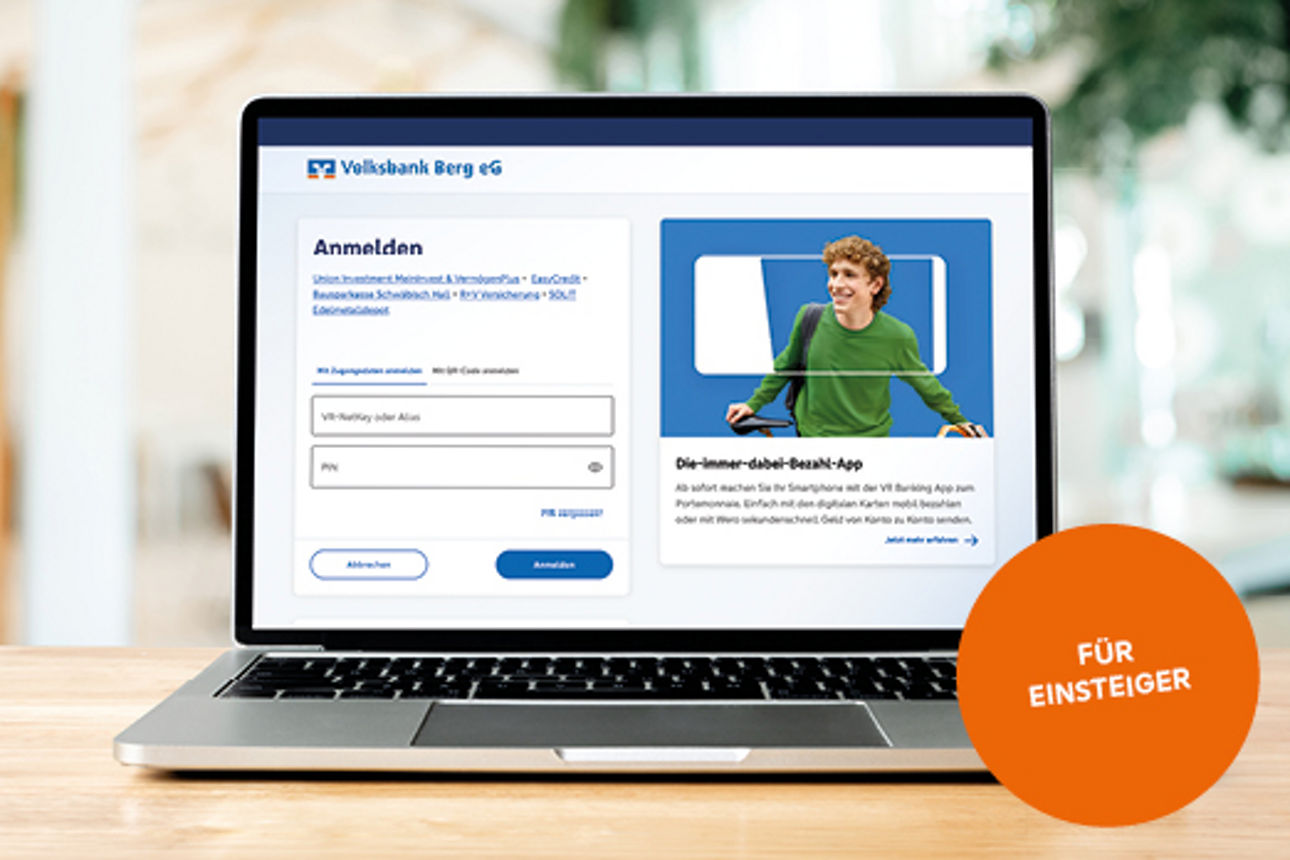 OnlineBanking-Anmeldemaske der Volksbank Berg, geöffnet auf einem Laptop