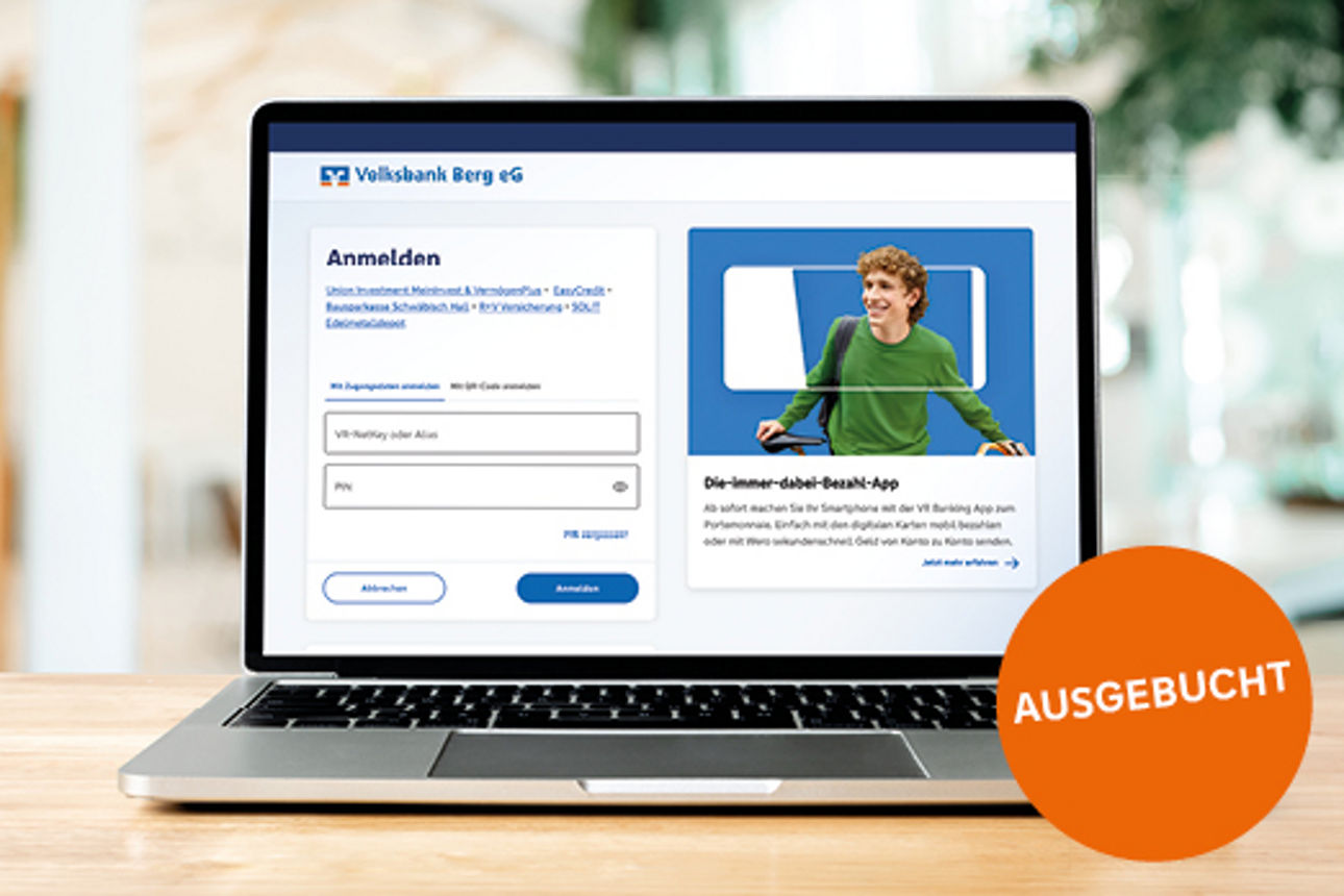 OnlineBanking-Anmeldemaske der Volksbank Berg, geöffnet auf einem Laptop
