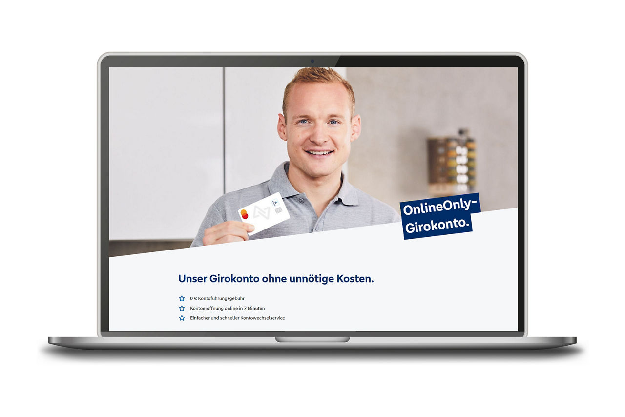 Abbildung zeigt einen Laptop mit geöffneter Girokonto-Seite von Meine Bank