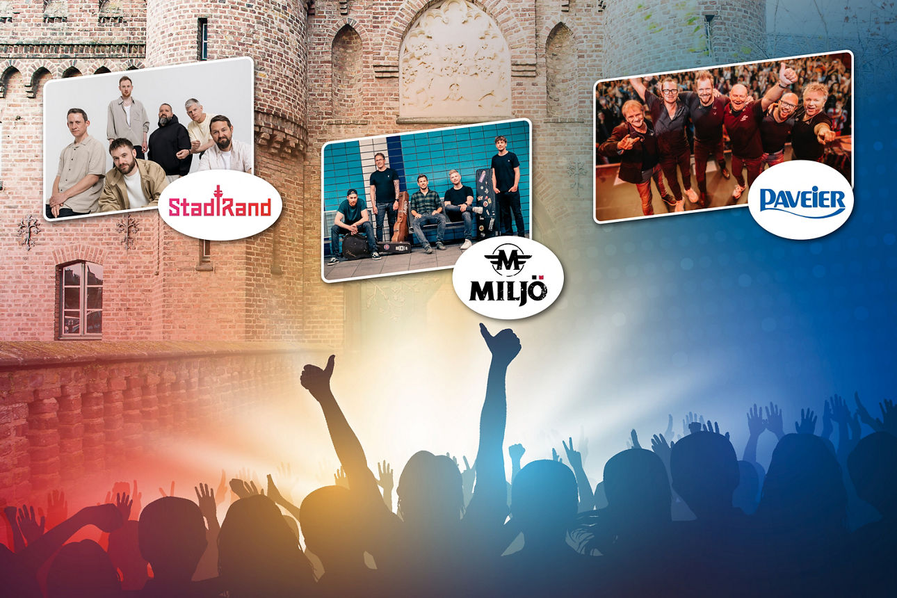 Feiernde Personen vor Schloss Paffendorf mit Band-Logos der Paveier, Stadtrand und Miljö