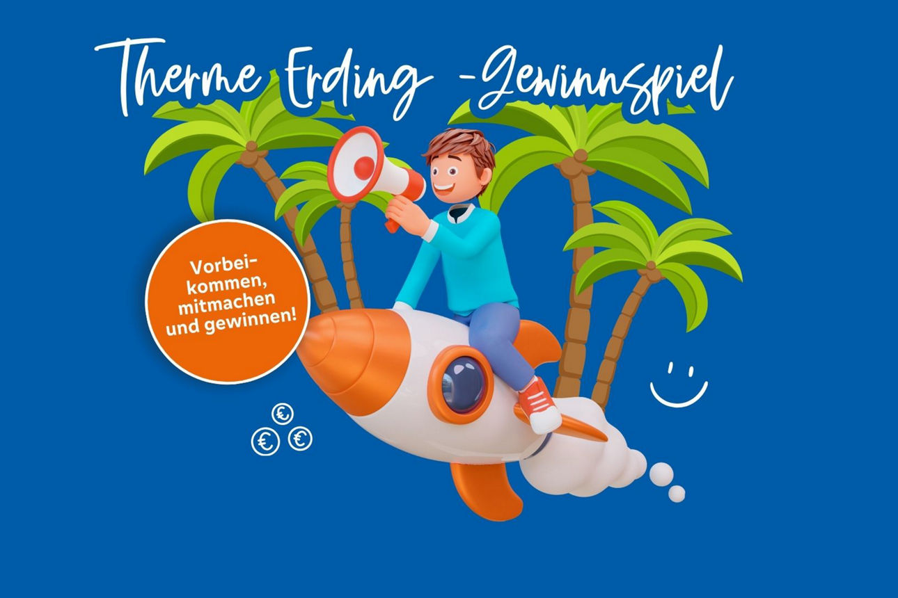 Comicjunge sitzt auf einer Rakete und hat ein Megafon in der Hand. Palmen sind im Hintergrund bezugnehmend auf das Therme Erding Gewinnspiel