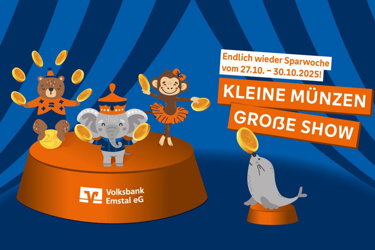 Ein gezeichneter Elefant, ein Affe, ein Bär und eine Robbe balancieren in der Manege mit Münzen