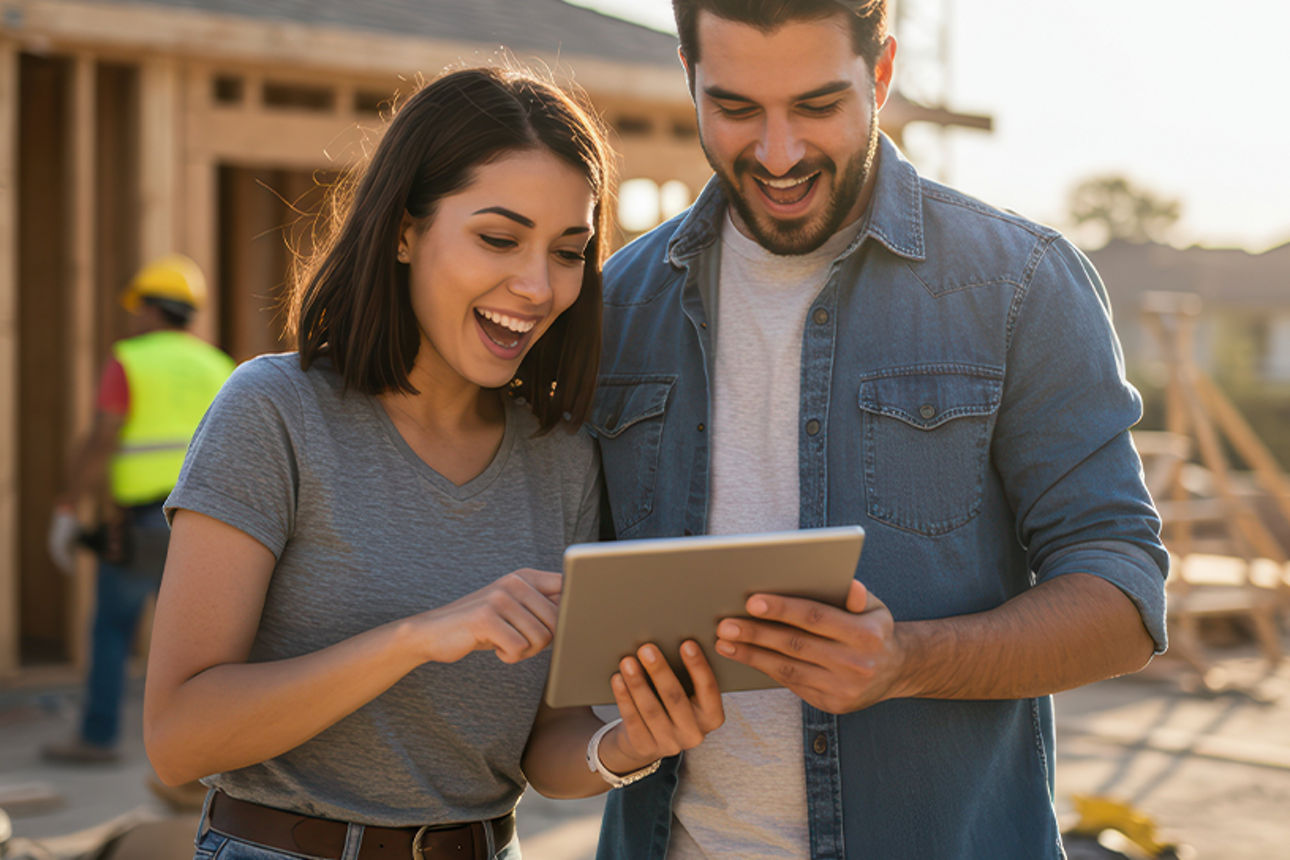 Mann und Frau stehen mit einem I Pad auf Ihrer Baustelle 