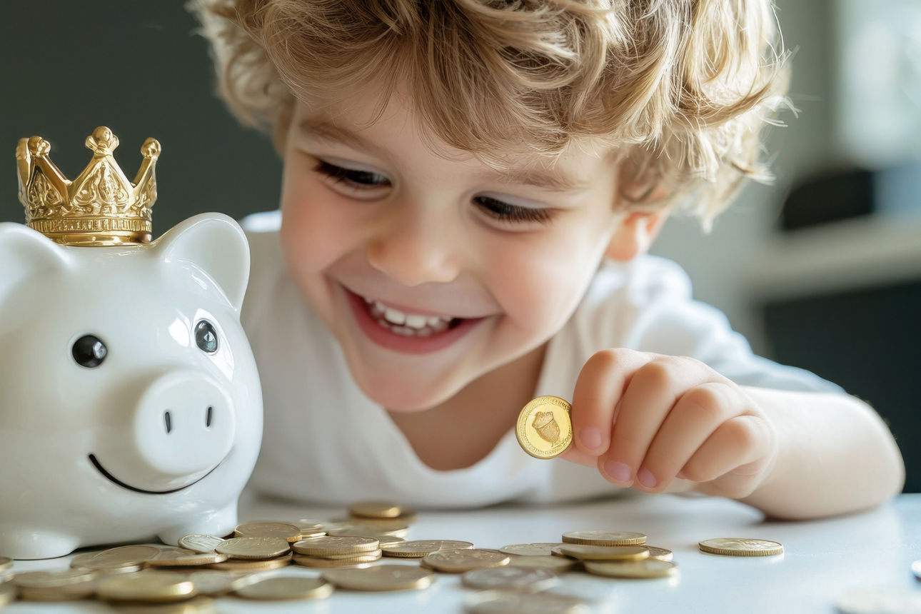 Der Junge mit blonden, lockigen Haaren steckt eine Münze in ein weißes Sparschwein mit goldener Krone. (KI-generiert)