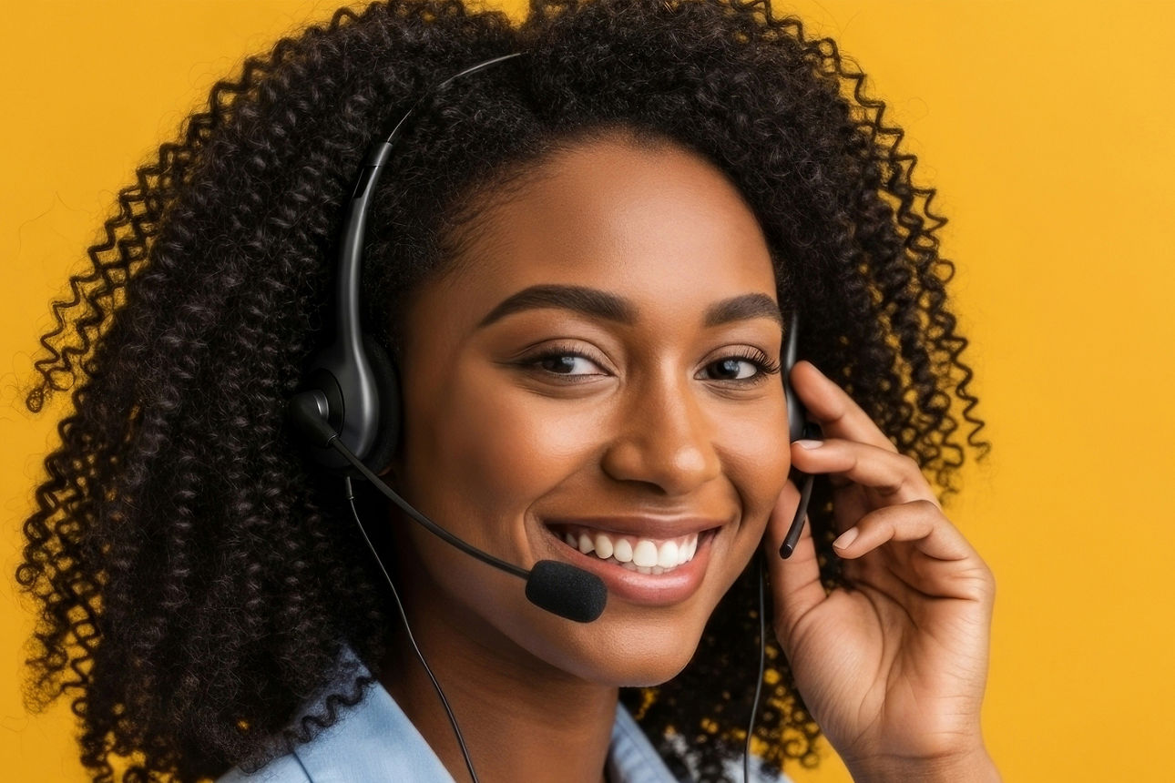 Eine lächelnde Frau mit Headset schaut in die Kamera