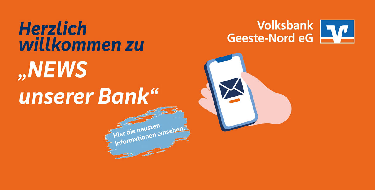 Herzlich willkommen Banner und eine Illustration einer Hand an einem Handy