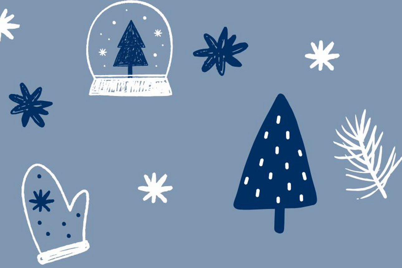 Hintergrundbild mit Schneeflocken, Tannenbaum und Geschenken