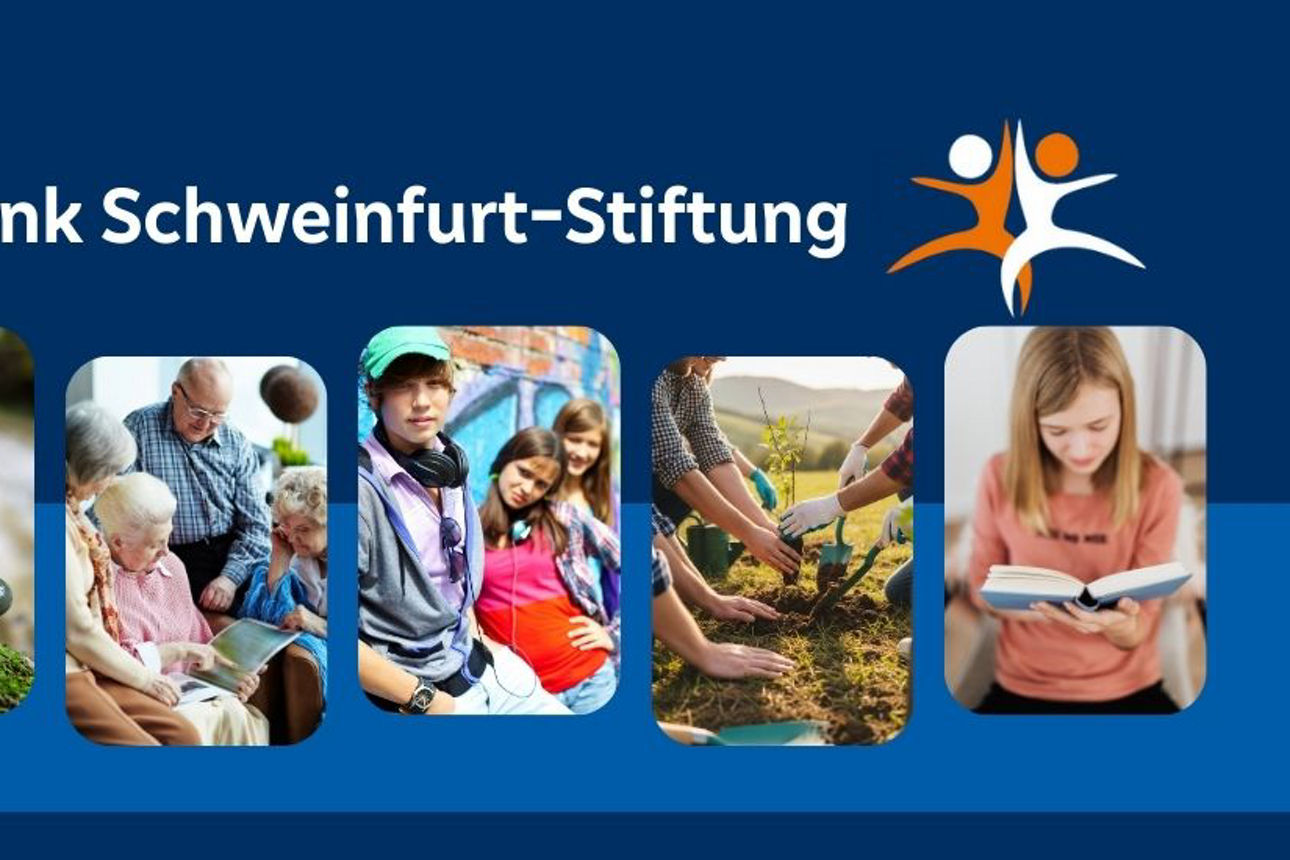 Headergrafik mit Logo der VR-Bank Schweinfurt-Stiftung und fünf Motiven: Steine für Stabilität, ältere Menschen beim Lesen, K