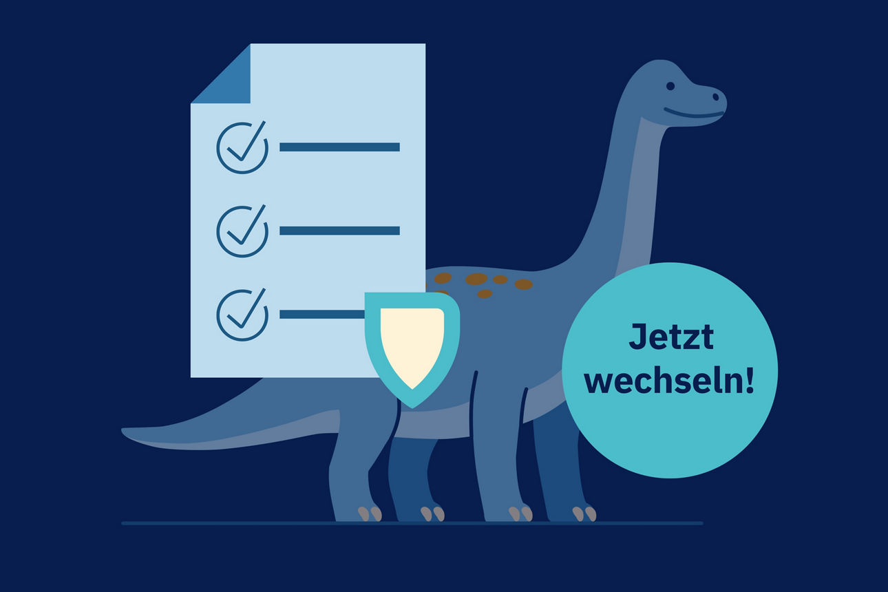 Blaue Grafik mit Dino und Notizzettel mit Aufschrift "Jetzt wechseln"