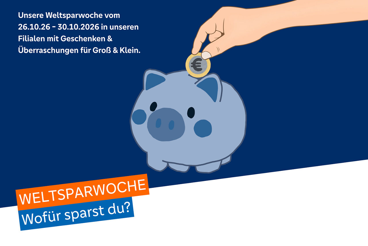 Zu sehen ist ein Sparschwein in welchem ein Euro reingeworfen wird