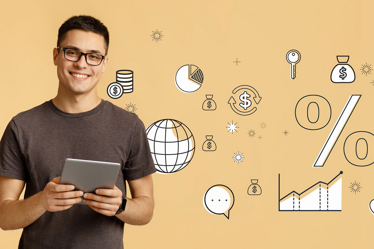 Junger Mann mit Tablet in der Hand und vielen Symbolen