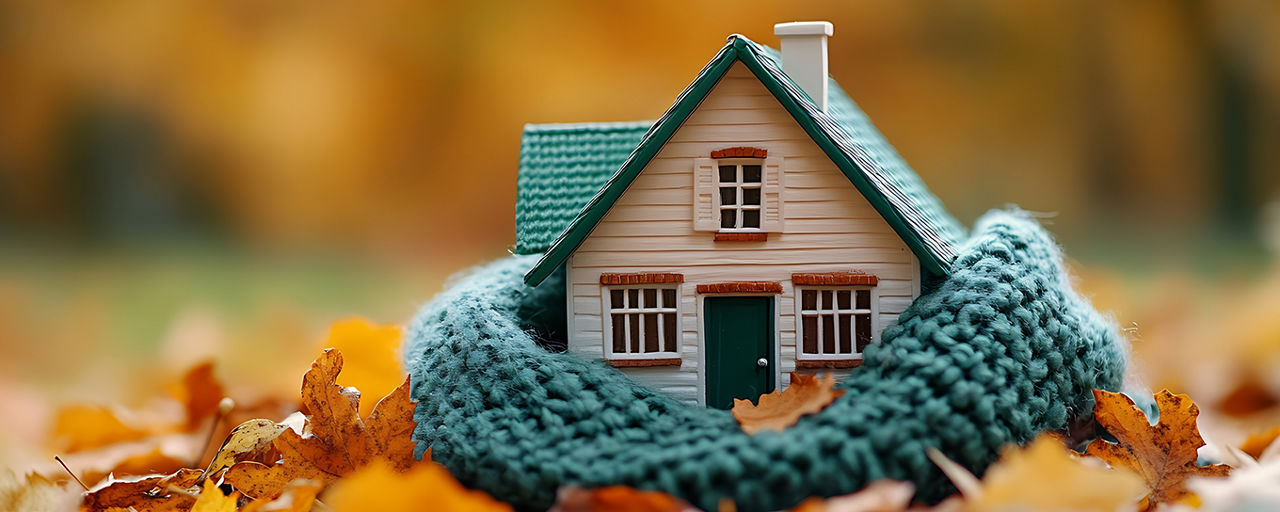 Haus mit einem Schal im Laub