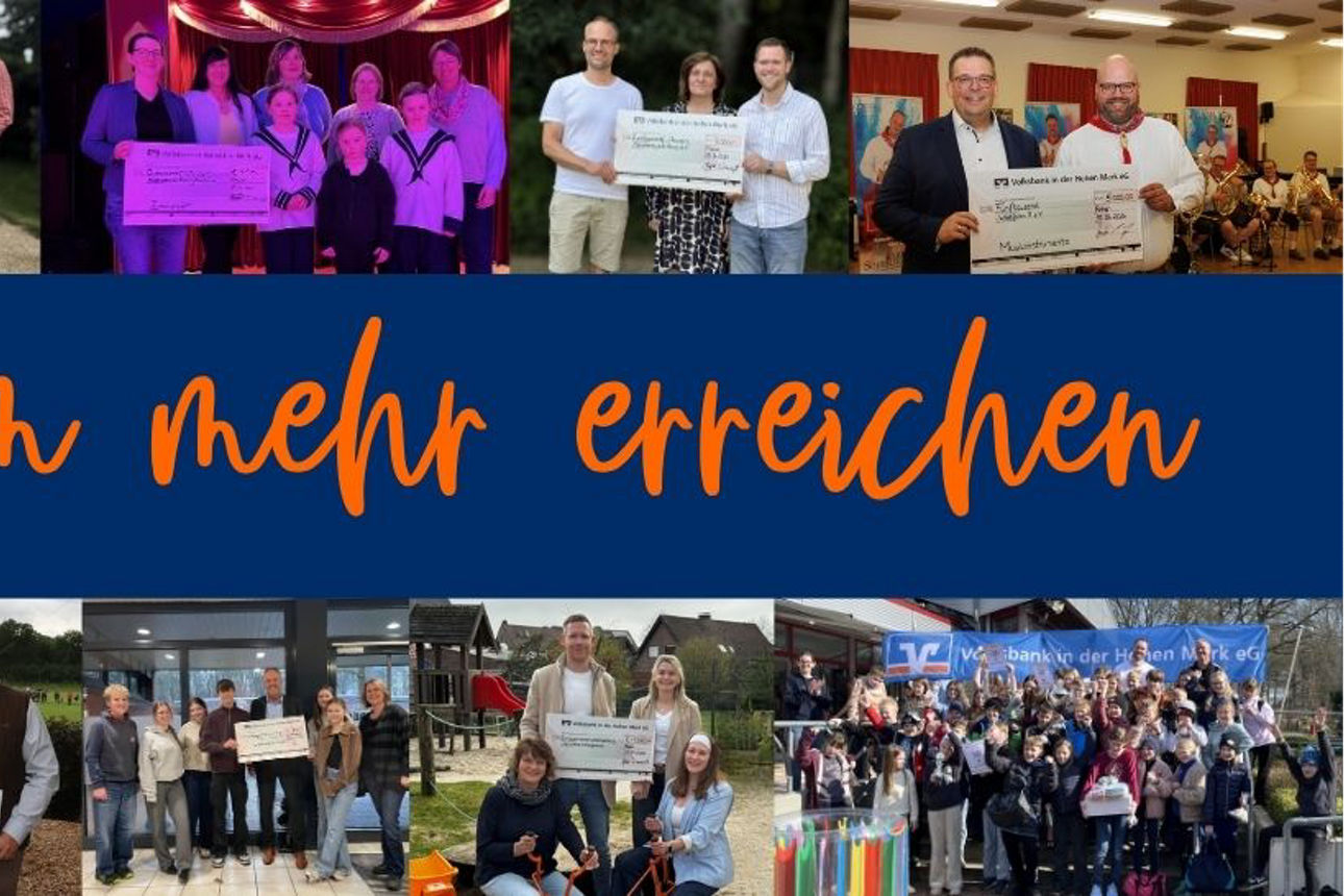 Collage aus mehreren Fotos von Scheckübergaben an Vereine und Gruppen; in der Mitte der Schriftzug „Gemeinsam mehr erreichen“.