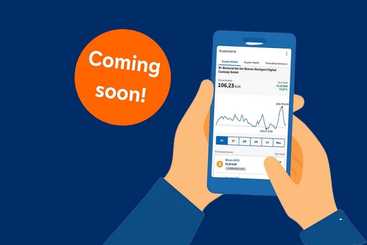 Illustration von Händen, die ein Smartphone halten, auf dem Börsenkurse und Zahlen zu sehen sind