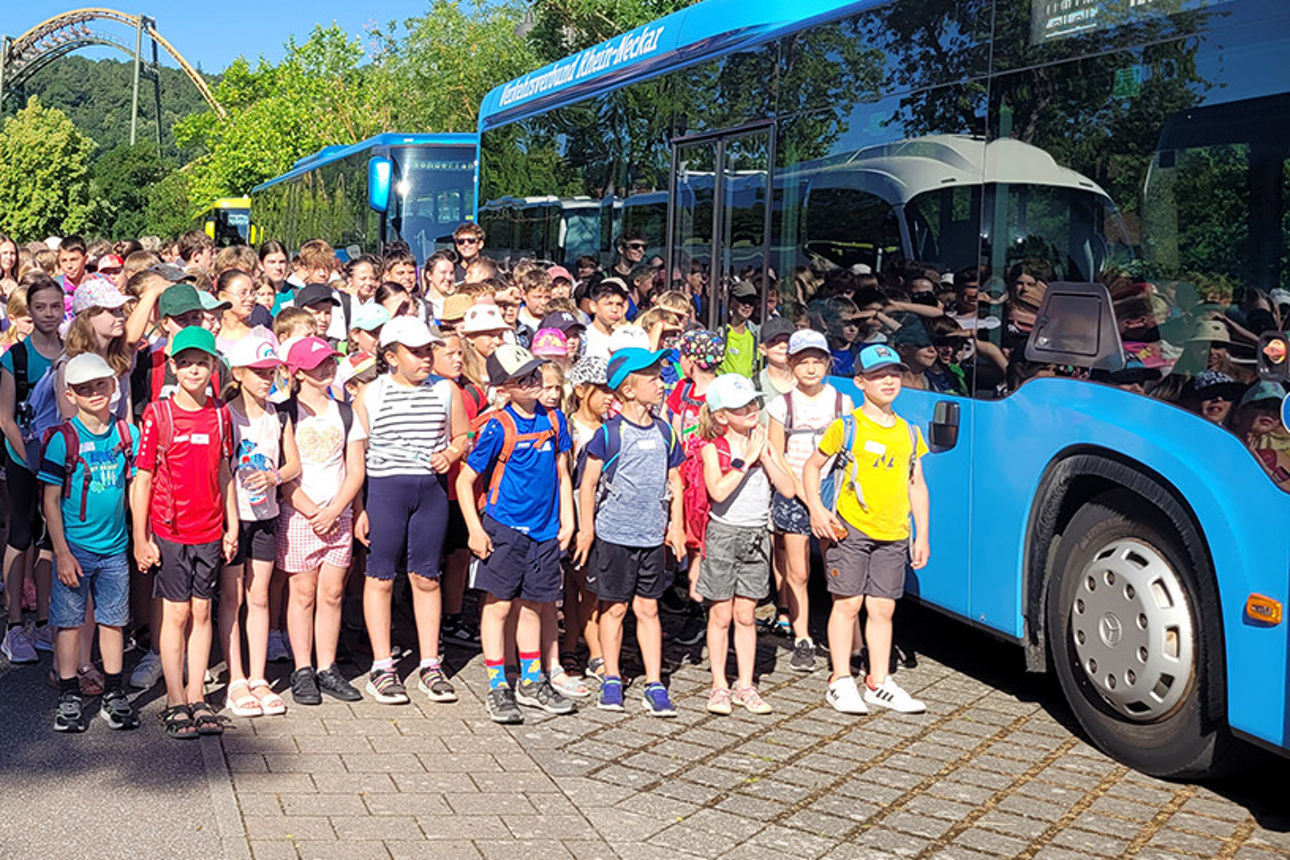 Eine große Gruppe Kinder steht zwischen mehreren Bussen