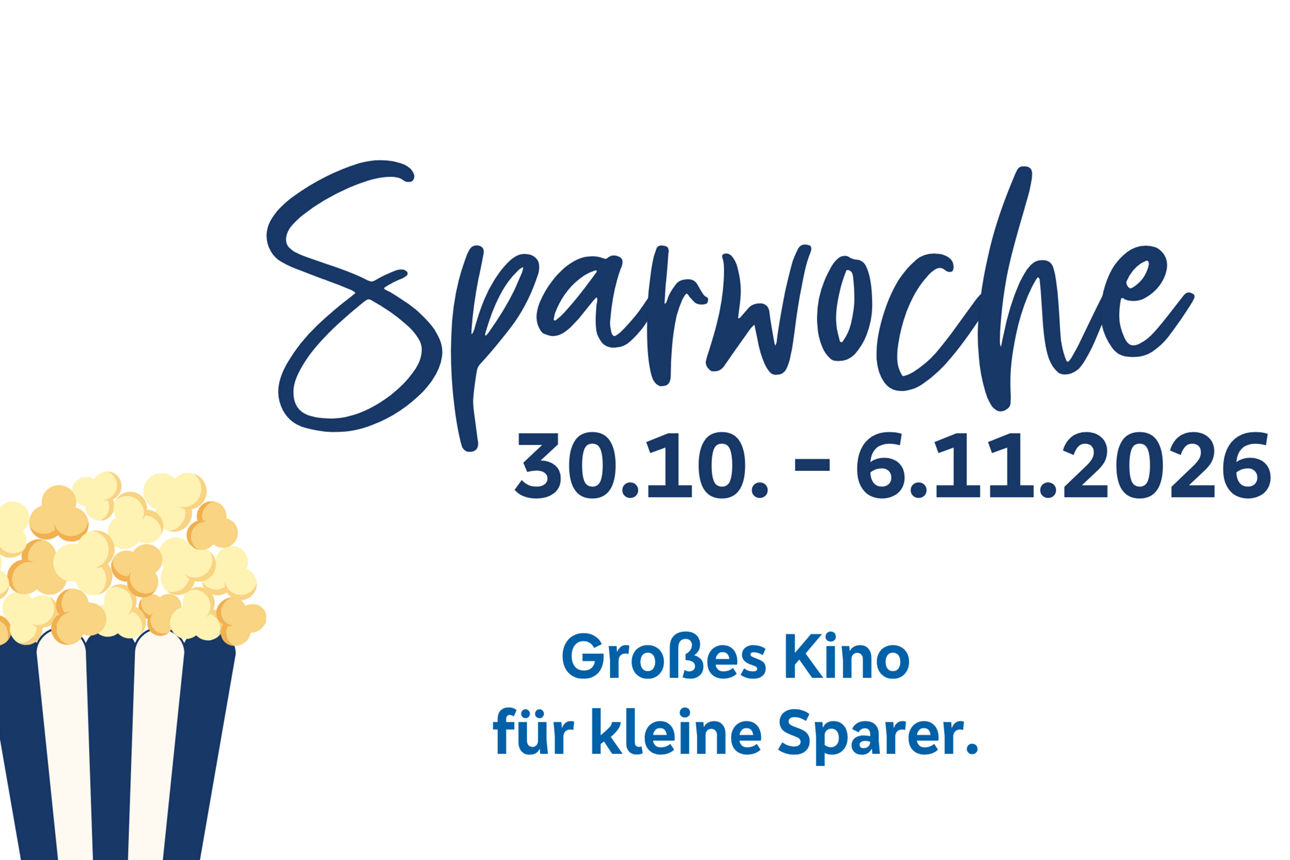 Bild mit Bienen die zu Popcorn fliegen sowie Text „Sparwoche 30.10. - 06.11.2026“ sowie „Großes Kino für kleine Sparer.“