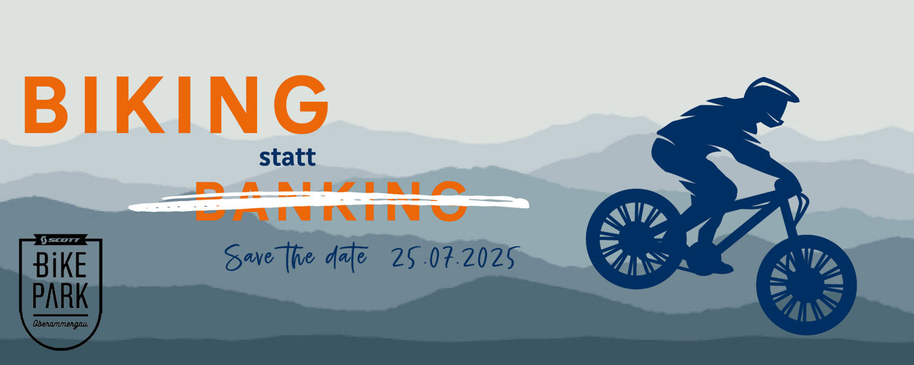 Grafik: Biker mit bergen im Hintergrund und dem Text: Biking statt Banking