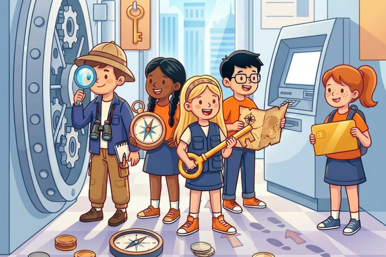 Comic Figuren erkunden eine Bank