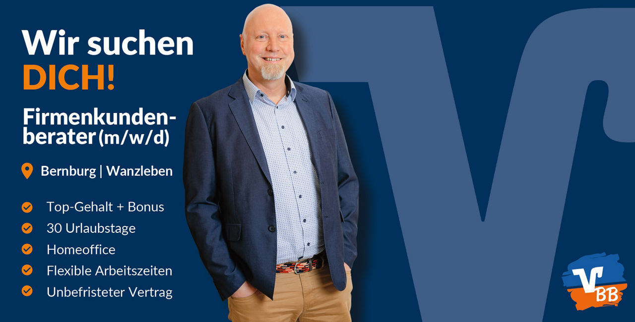 Ein lässig stehender Mann. Daneben seht der Text: Wir suchen DICH! Firmenkundenberater (m/w/d)