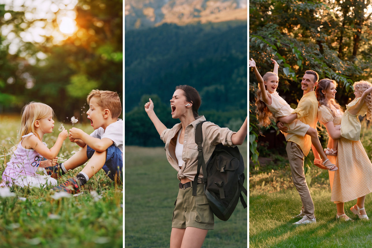 3-geteiltes Foto mit Kindern, junger Frau und Eltern ganz rechts