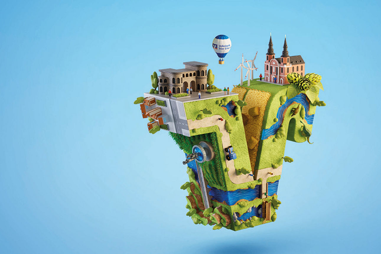 keyvisual Volksbank Trier Eifel. Großes V mit regionalen Sehenswürdigkeiten