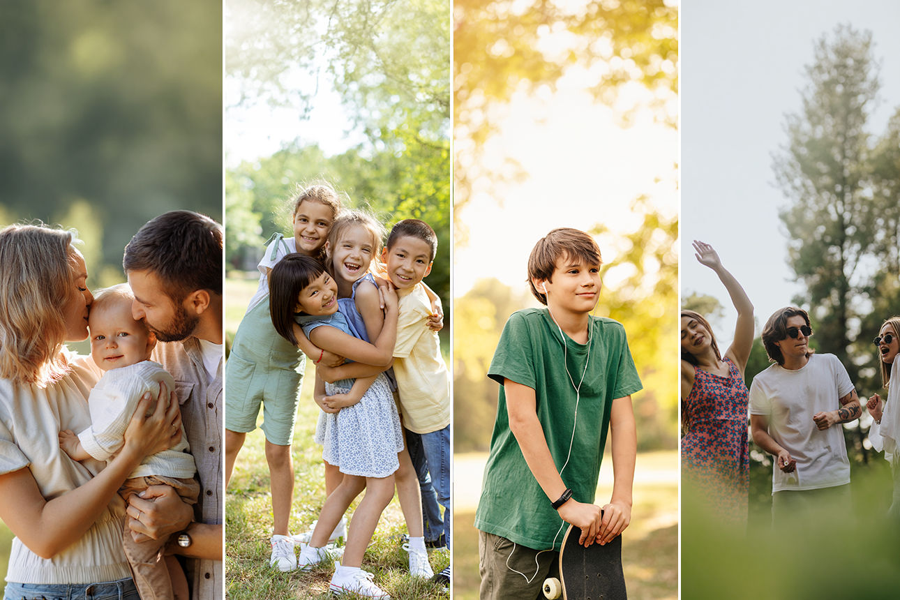 Collage aus vier Bildern mit Kindern, Jugendlichen und jungen Erwachsenen in verschiedenen Lebensphasen im Freien 