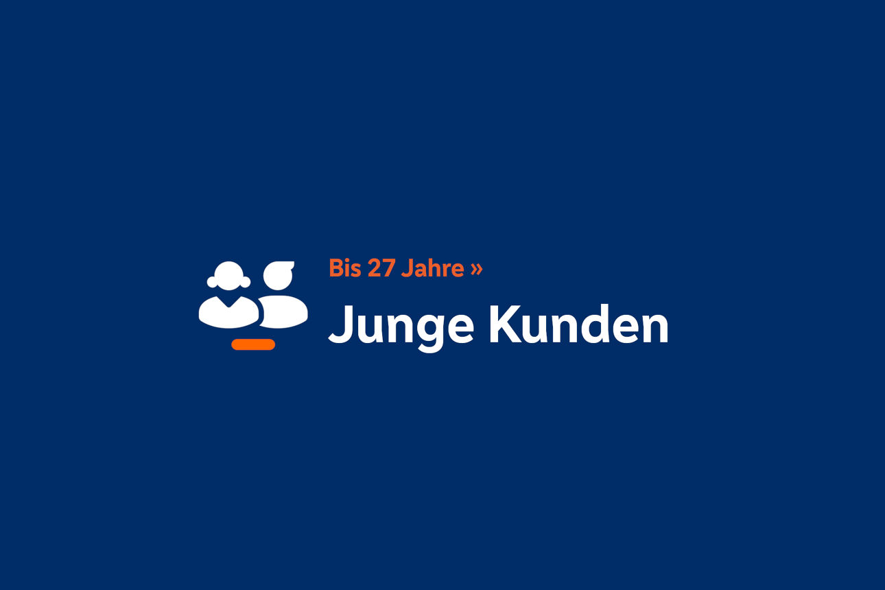 Weisser Schriftzug " Junge Kunden" auf blauem Grund