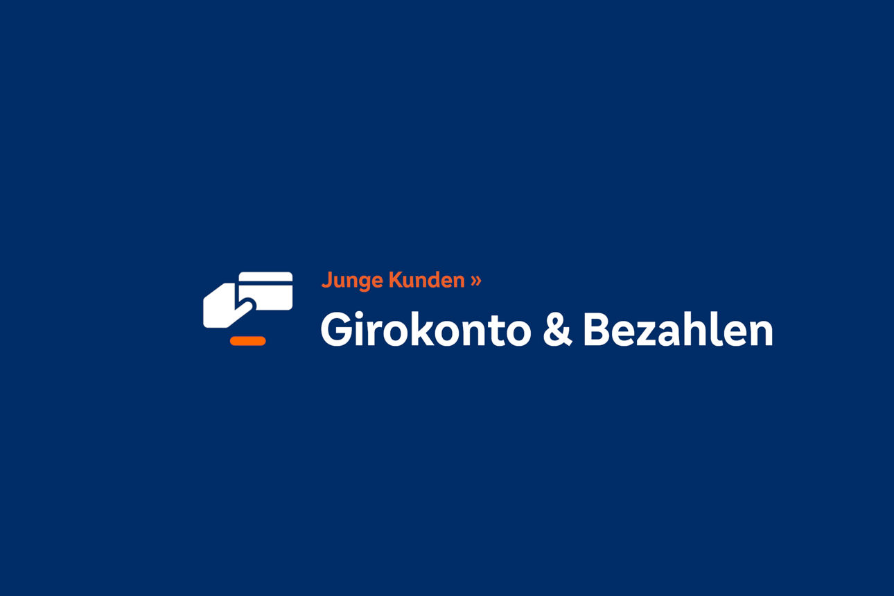 Weisser Schriftzug " Girokonto & Bezahlen" auf blauem Grund