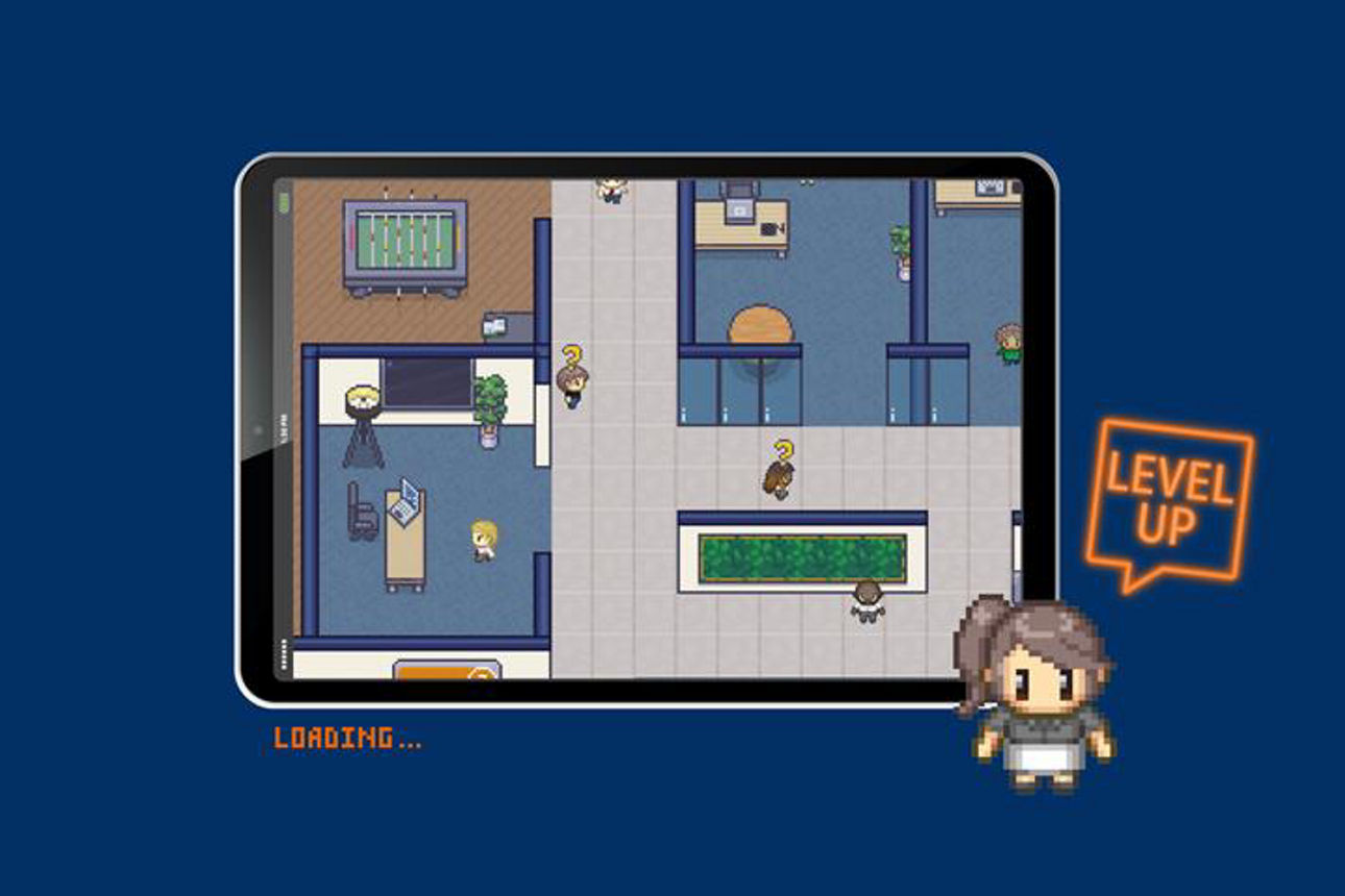 Ein Tablet mit einem digitalen Spiel, das eine Bankfiliale zeigt mit dem Spruch "Level up".