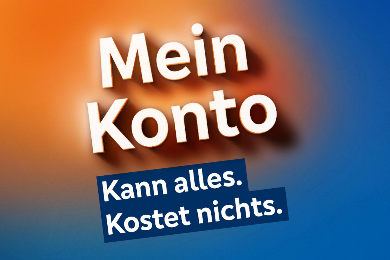 Das Logo von MeinKonto kann alles kostet nichts ist auf farbigem Untergrund zu sehen
