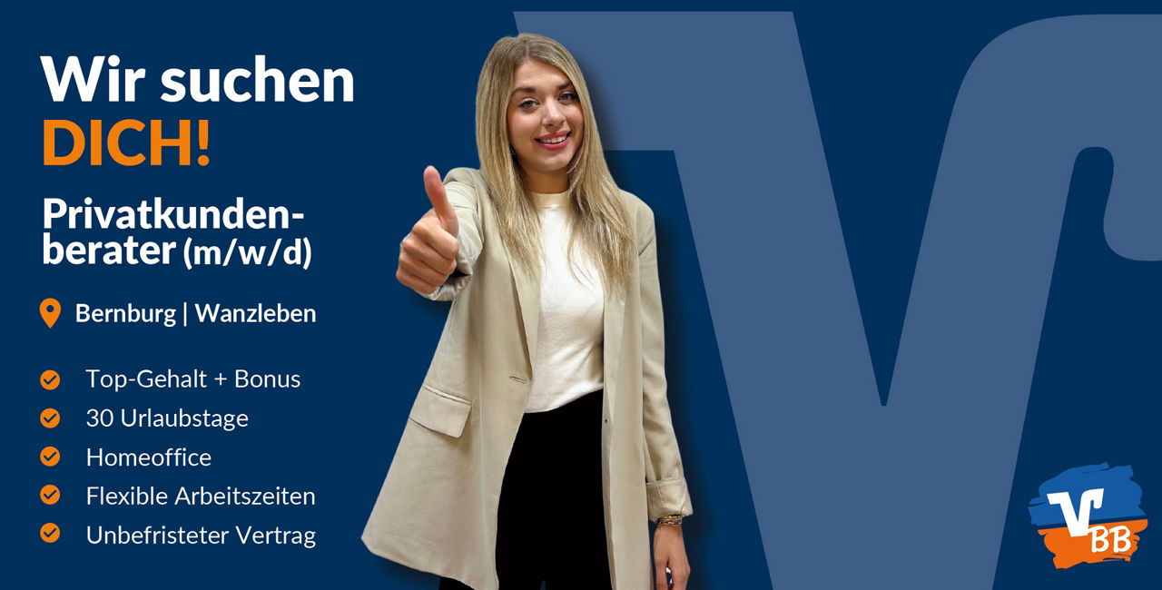 Eine Junge Frau zeigt einen Daumen hoch. Daneben seht der Text: Wir suchen DICH! Privatkundenberater (m/w/d)