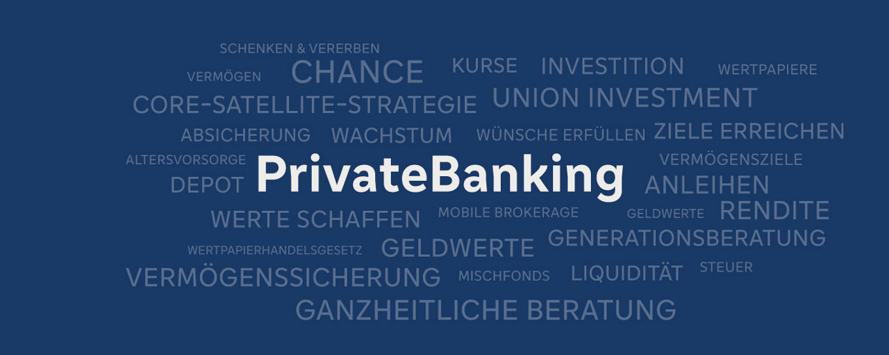Begriffe rund um „PrivateBanking“ wie Vermögen, Ruhestandsplanung, Beratung, Edelmetalle und Ziele erreichen auf blauem Hintergrund.