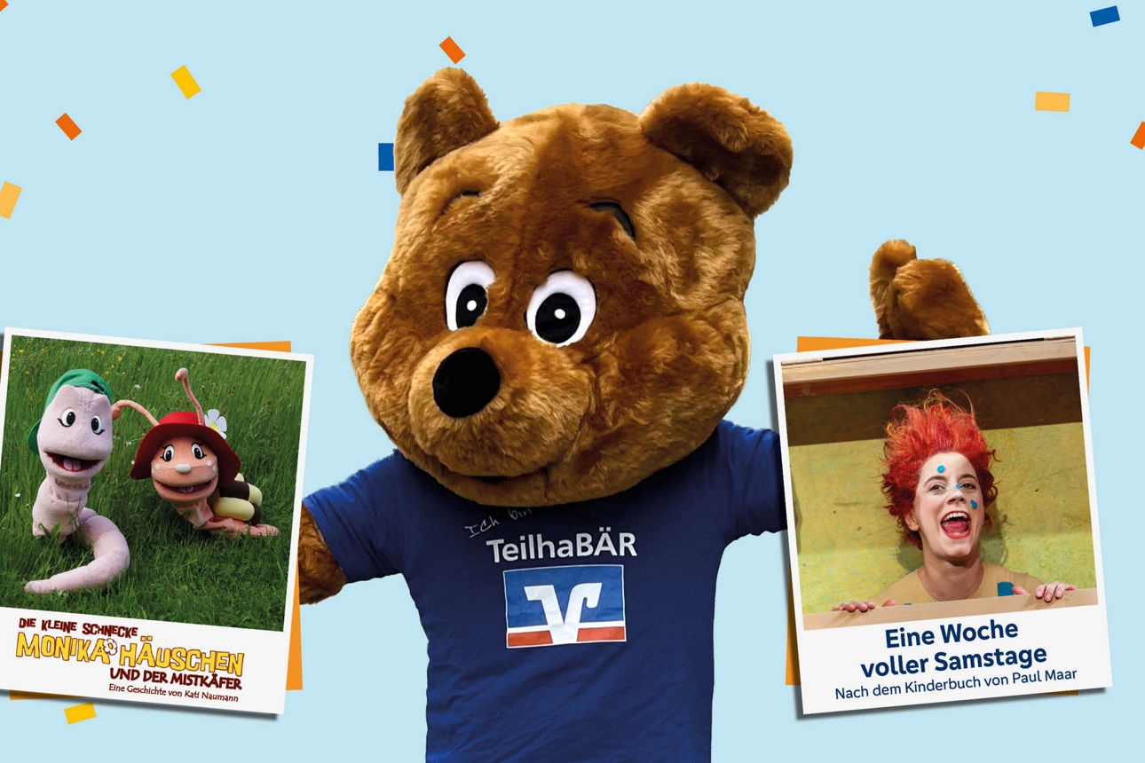 Maskottchen in Form eines Bären hält zwei Bilder der Programmhighlights in den Händen