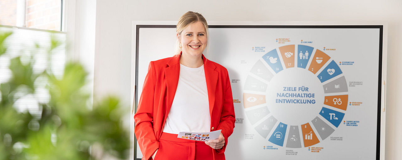 Stefanie Glander vor der Nachhaltigkeitsübersicht