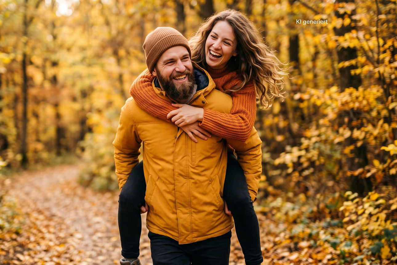 Lachendes Paar bei einer Huckepacktour durch einen herbstlichen Wald.