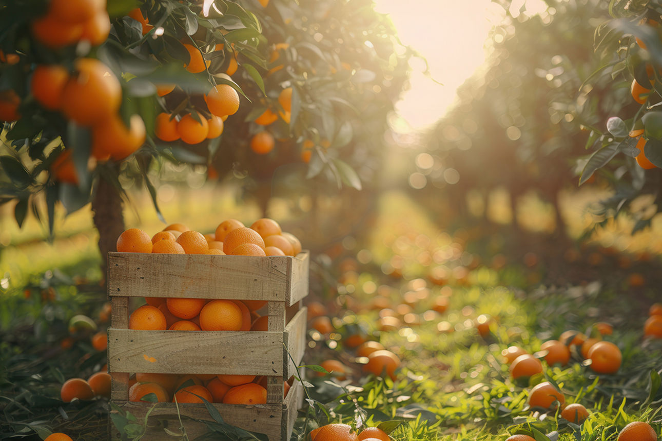 Orangenplantage mit frisch geernteten Orangen in Holzkisten