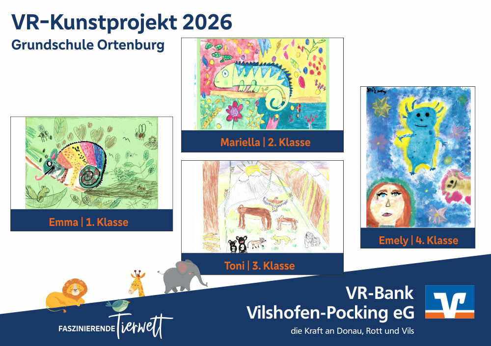Die vier Gewinnerbilder VR-Kunstprojekt 2026, Grundschule Ortenburg: zweimal Chamäleon, Naturszene mit verschiedenen Tieren, Fantasie-Tiere.