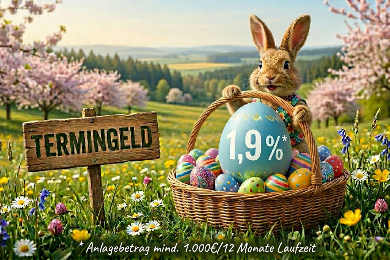 Osterhase sitzt im Korb mit einem großen Ei auf dem der Zinssatz 1,9% steht