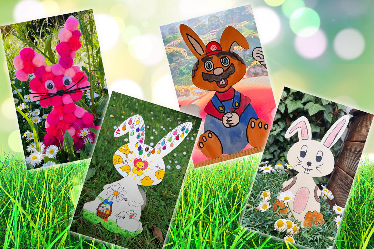 Eine Collage mit vier Bildern von bemalten Holz-Osterhasen auf einer Wiese
