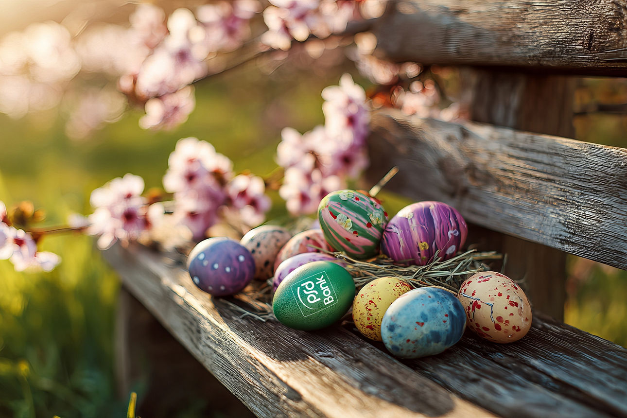 Bunte Ostereier liegen auf einer Holzbank, im Hintergrund Blumen