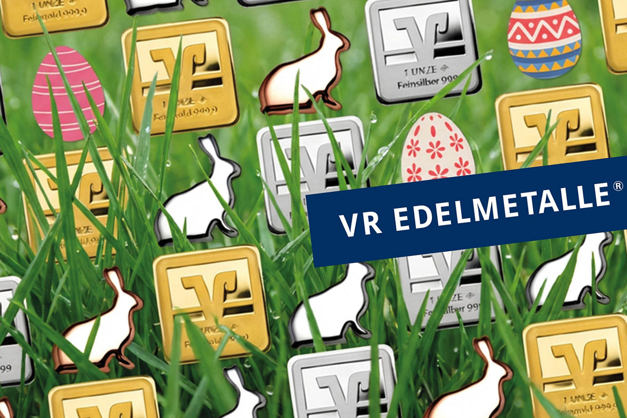 Wiese mit Ostereiern, Osterhasen und Gold