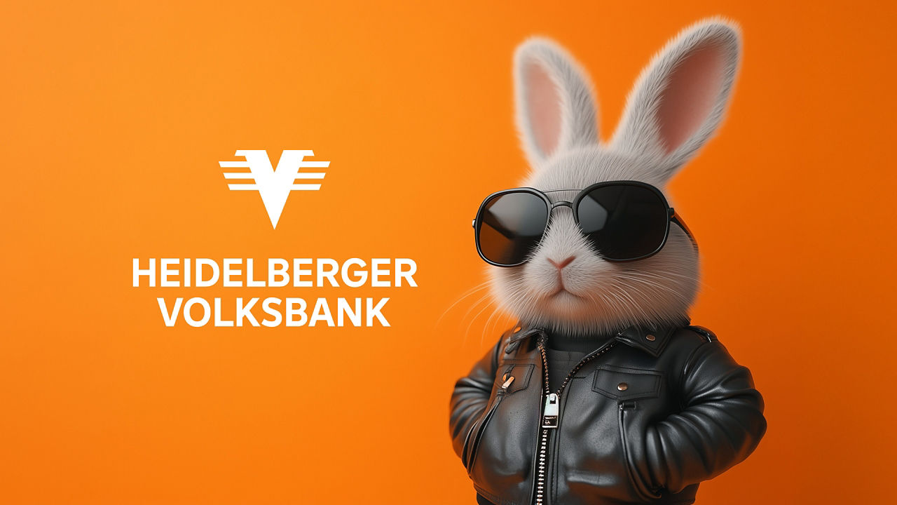 Osterhase mit Sonnenbrille und Lederjacke vor einer Wand in orange
