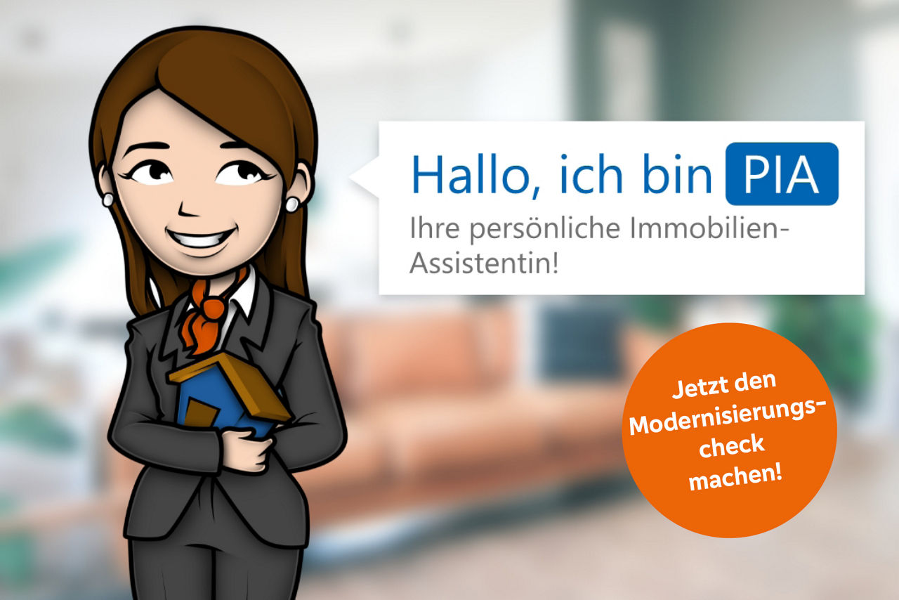 Gezeichnete Frau im Business-Outfit, die ein orangefarbenes Hausmodell hält