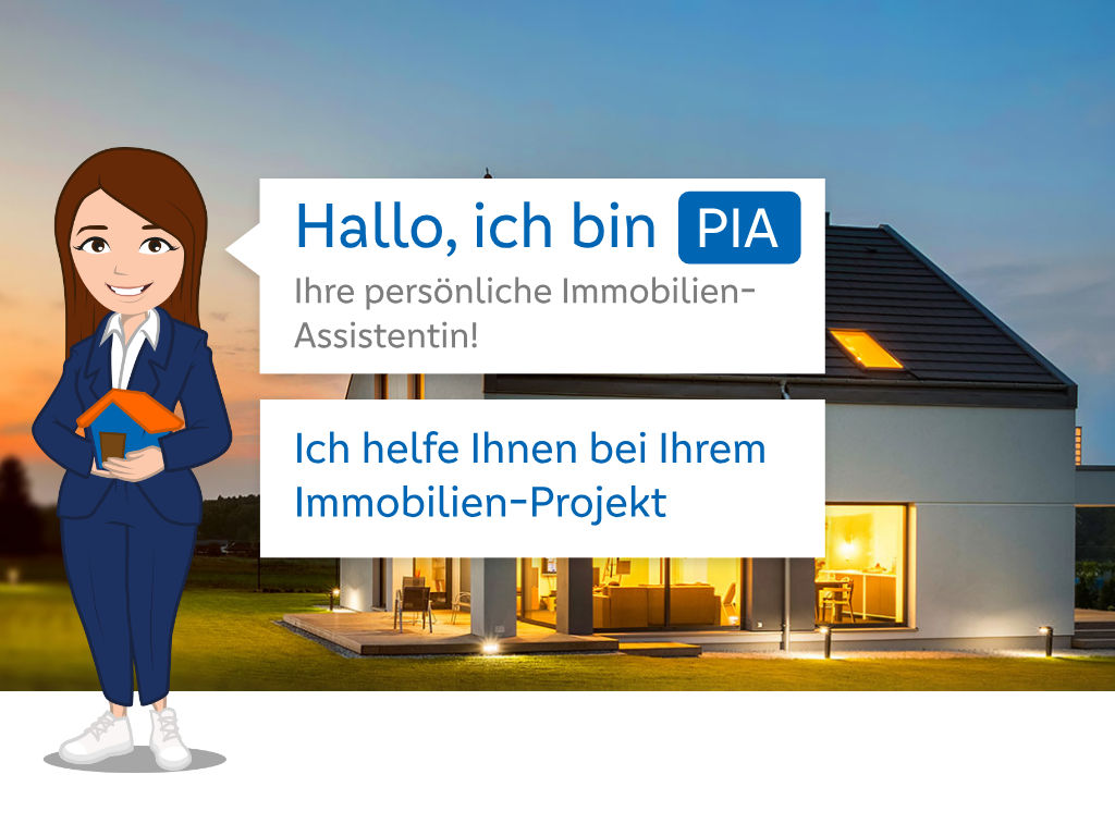 PIA, Ihre persönliche Immobilienassistentin, steht vor einem Haus in der Abendsonne