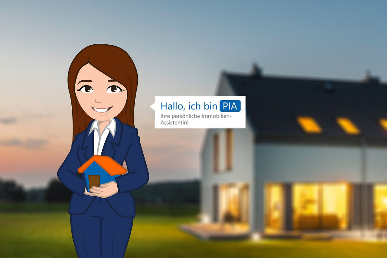 Abbildung einer langhaarigen, brünetten Frau mit Hosenanzug im Comic-Look. die ein kleines Häuschen in der Hand hält