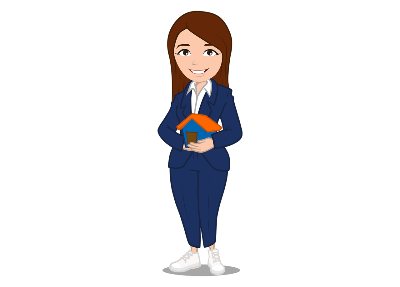 Zeichenfigur PIA mit Haus in den Händen