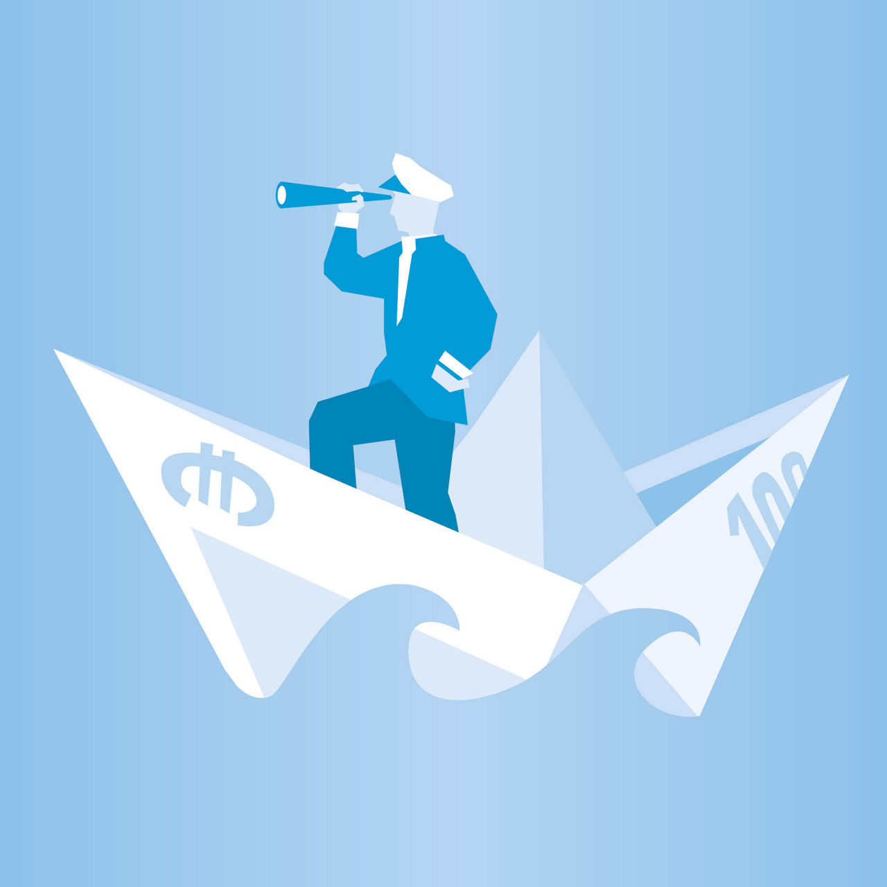 Piktogramm mit Kapitän auf einem Geldscheinschiff