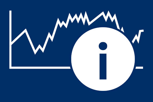 Grafik zeigt skizzenhaft einen Kurs-Chart und einen weißen Button mit einem großen I