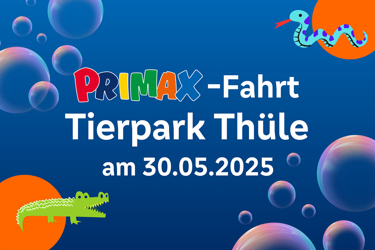 Blauer Hintergrund mit Seifenblasen, einem Krokodil, einer Schlange und zwei orangenfarbenen Kreisen