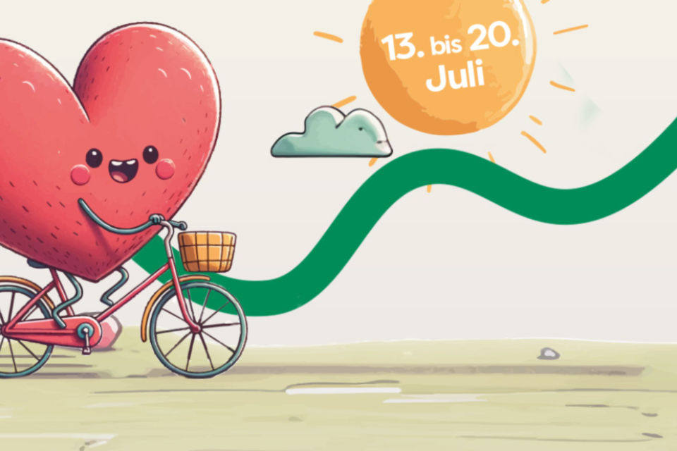 Ein Herz fährt für die kinderherzen Stiftung auf dem Fahrrad. 
